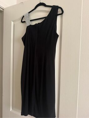 SLNY Black One-Shoulder Dress with Rhinestone Strap